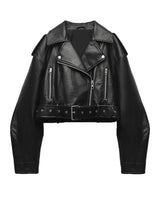 Kurze Damen-Bikerjacke mit Gürtel und Crossover-Verschluss - Zaireth in Schwarz