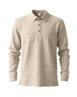 Herren nan langärmliges Baumwoll-Musselin Polohemd mit Holzknopfleiste und klassischem Kragen Drune in Khaki