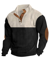 Herren nan grober Rippstrick-Pullover mit Stehkragen, Knopfleiste und markanten Ellenbogenpatches Drune in Apricot + Schwarz