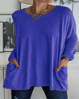 Damen nan oversized Longsleeve-Tunika mit Rundhalsausschnitt, überschnittener Schulter und aufgesetzten Taschen Drune in Blau