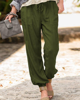 Damen nan lässige Leinenoptik Jogginghose mit Tunnelzug, aufgesetzten Taschen und elastischen Bündchen Drune in Militärgrün