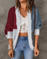 Damen nan lässige Strickjacke im Patchwork-Stil mit offener Front und 3/4-Ärmeln Drune in Weinrot