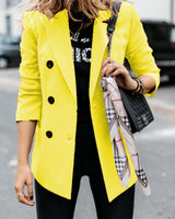 Damen nan taillierter Longblazer mit doppelreihiger Knopfleiste, Reverskragen und Eingrifftaschen Drune in Gelb