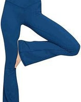 Damen nan taillenhohe Yogahose mit überkreuztem Bund und ausgestelltem Saum mit Schlitz Drune in Blau
