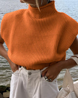 Damen nan ärmelloses Rippstrick-Top mit Stehkragen und gepolsterten Schultern Drune in Orange