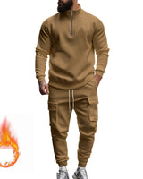 Herren nan Strick-Trainingsset mit halbem Reißverschluss, Zopfmuster-Pulli und Kordelzug-Jogger Drune in Braun