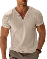 Herren lässiges Henley-T-Shirt mit Knopfleiste und atmungsaktivem Stoff Drune in Camel
