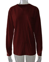 Damen nan legeres Langarmshirt mit V-Notch-Ausschnitt, Brusttasche und lockerer Oversize-Passform Drune in Mit Tasche – Weinrot, Langarm