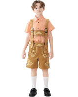 Unisex nan traditionelle Kinderlederhose mit verstellbaren Hosenträgern und aufwendiger Stickerei Drune in Orange Karo + Braune Träger