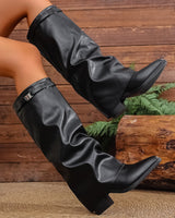 Damen nan kniehohe Slouch-Stiefel mit spitzer Zehenpartie niedrigem Blockabsatz und dekorativem Schaftgurt Drune in Schwarz