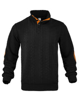 Herren nan Zopfmuster-Pullover mit Stehkragen, halber Knopfleiste und Ellbogenpatches Drune in Schwarz