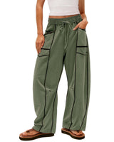 Damen nan weite Lounge-Hose mit Kordelzug, Kontrastpaspelierung und Cargo-Taschen Drune in Armeegrün