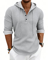Herren nan lässiges Waffelstrick-Henley Kapuzenpullover mit Knopfleiste Drune in Hellgrau