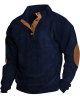 Herren nan rustikaler gerippter Pullover mit Henley-Kragen und lederartigen Ellbogenbesätzen Drune in Dunkelblau