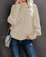 Damen nan Zopfmuster-Strickpullover mit Rollkragen und Ballonärmeln Drune in Apricot