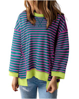 Damen nan oversized gestreifter Sweatshirtpullover mit kontrastsaum, überschnittener Schulter und seitlichen Schlitzen Drune in Blau gestreift