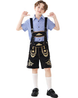 Unisex nan traditionelle Kinderlederhose mit verstellbaren Hosenträgern und aufwendiger Stickerei Drune in Blaues Karo + Schwarze Träger