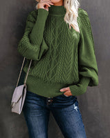 Damen nan Zopfmuster-Strickpullover mit Rollkragen und Ballonärmeln Drune in Olivgrün