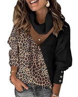 Damen nan gerippter Pullover mit Schalkragen und asymmetrischem Leo-Print-Panel sowie dekorativen Ärmelknöpfen Drune in Schwarz