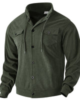 Herren nan strukturierte Cord-Workerjacke mit verdeckter Kapuze, Druckknopfverschluss und aufgesetzten Brusttaschen Drune in Militärgrün