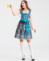 Damen nan traditionelles Kurzdirndl mit Spitzenärmeln, Schnürung und floraler Schürze Drune in Blau【Oberteil + Rock + Schürze + Schleife】