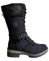 Damen nan gefütterte Schnürstiefel mit gestricktem Schaftbund, dekorativem Schnallenriemen und profilierter Gummisohle Drune in Schwarz