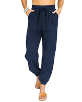 Damen nan leichte Leinenoptik Freizeit-Hose mit hohem elastischem Bund, Kordelzug, aufgesetzten Taschen und elastischen Knöchelbündchen Drune in Marineblau