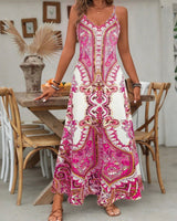 Zara | Damen Maxi-Kleid Träger Mandala-Druck Boho Sommer in Rosenrot