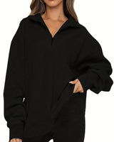 Damen nan Oversized Sweatshirt mit Kurzreißverschluss, Stehkragen und Kängurutasche Drune in Schwarz