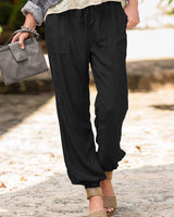 Damen nan lässige Leinenoptik Jogginghose mit Tunnelzug, aufgesetzten Taschen und elastischen Bündchen Drune in Schwarz