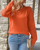 Damen Feinripp Pullover mit Ajour Puffärmeln und Bootsausschnitt in Orangerot