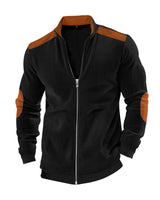 Herren nan Stehkragen-Sweatjacke mit feiner Rippstruktur, Ellbogen-Patches und kontrastierenden Schulterdetails Drune in Schwarz