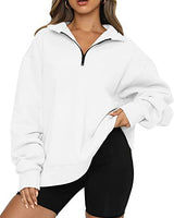 Damen nan oversized Sweatshirt mit halbem Reißverschluss, Stehkragen und überschnittener Schulter Drune in Weiß ohne Tasche