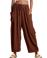 Damen nan weite Palazzohose aus leichtem Leinenmix mit Tunnelzug und seitlicher Tasche Drune in Kaffeebraun
