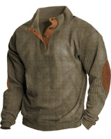 Herren nan rustikaler gerippter Pullover mit Henley-Kragen und lederartigen Ellbogenbesätzen Drune in Khaki
