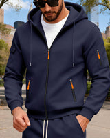 Herren nan Kapuzen-Sweatjacke mit durchgehendem Reißverschluss, mehreren Reißverschlusstaschen und Ärmel-Pocket Drune in Navyblau