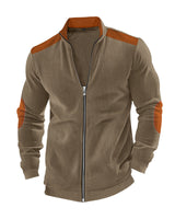 Herren nan Stehkragen-Sweatjacke mit feiner Rippstruktur, Ellbogen-Patches und kontrastierenden Schulterdetails Drune in Braun