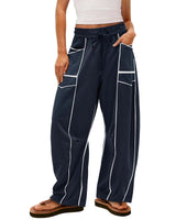 Damen nan weite Lounge-Hose mit Kordelzug, Kontrastpaspelierung und Cargo-Taschen Drune in Dunkelblau