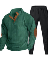 Herren nan strukturiertes Strick-Loungewear-Set mit halber Knopfleiste, kontrastreichen Ellbogenpatches und elastischem Tunnelzug-Jogger Drune in Apfelgrün mit schwarzer Hose