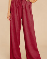 Damen nan Leinenhose mit Paperbag-Bund und weitem Bein Drune in Weinrot