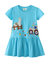 Mädchen Tüllkleid mit verspieltem Lama- und Traktor-Design Drune in Blau