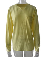 Damen nan legeres Langarmshirt mit V-Notch-Ausschnitt, Brusttasche und lockerer Oversize-Passform Drune in Gelb - mit Tasche, Langarm