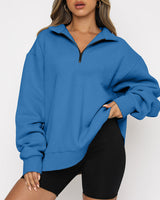 Damen nan oversized Sweatshirt mit halbem Reißverschluss, Stehkragen und überschnittener Schulter Drune in Blau - ohne Tasche