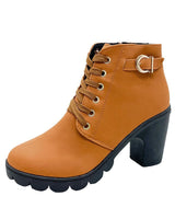 Damen nan elegante Schnür-Stiefelette mit mittlerem Blockabsatz, profilierter Gummilaufsohle und dekorativer Metallschnalle Drune in Khaki