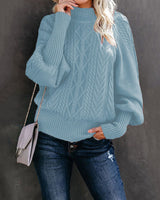 Damen nan Zopfmuster-Strickpullover mit Rollkragen und Ballonärmeln Drune in Blau