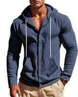 Herren nan figurbetonte Kapuzenhemd-Jacke aus Baumwollmix mit Druckknopfleiste und Kängurutasche Drune in Navyblau