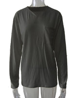 Damen nan legeres Langarmshirt mit V-Notch-Ausschnitt, Brusttasche und lockerer Oversize-Passform Drune in Dunkelgrau - Langarm mit Tasche