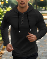 Herren nan Henley-Kapuzenpullover mit Knopfleiste und verstellbarem Kordelzug Drune in Schwarz