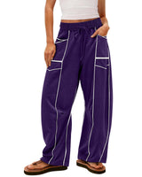 Damen nan weite Lounge-Hose mit Kordelzug, Kontrastpaspelierung und Cargo-Taschen Drune in Lila