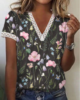 Sherly – Elegantes T-Shirt mit kurzen Ärmeln und V-Ausschnitt-Print für Damen in Schwarz
